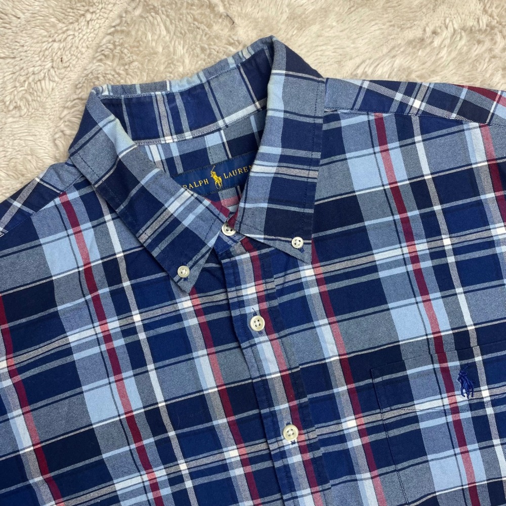 Ralph Lauren Mens XL Blue Red Plaid Short Sleeve Button Down Shirt Pony Logo